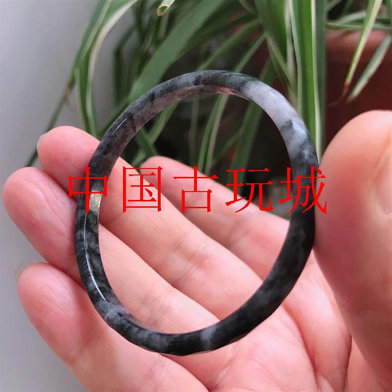 缅甸翡翠色冰糯种乌鸡色水墨款叮铛手镯女款手饰品细圆条玉石镯子