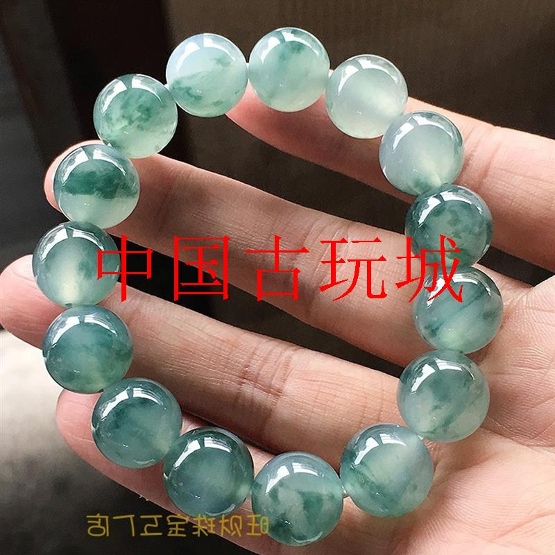 旺财珠宝缅甸老坑翡翠色手链单圈女款冰种飘蓝花玉石冰透圆珠子