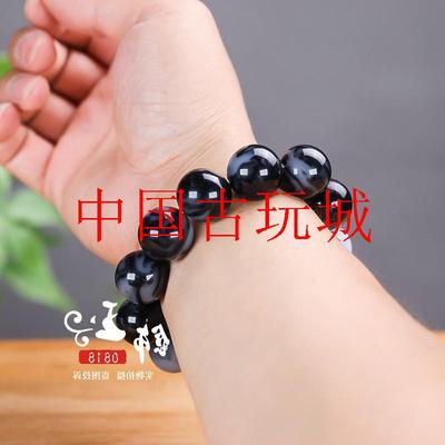 和田玉墨玉青花籽料圆珠手链青花玉水墨意境单圈玉石手串女男同款