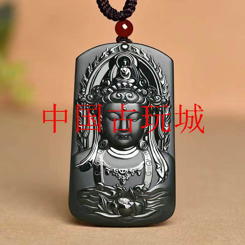 新疆和田玉塔青吊坠高品青玉双面雕刻观世音菩萨玉坠本命佛男士款