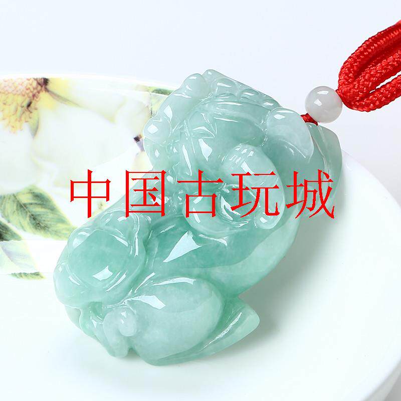 缅甸冰糯种翡翠色貔貅吊坠浅蓝色霸王貔貅吊坠招财貔貅挂件男女款