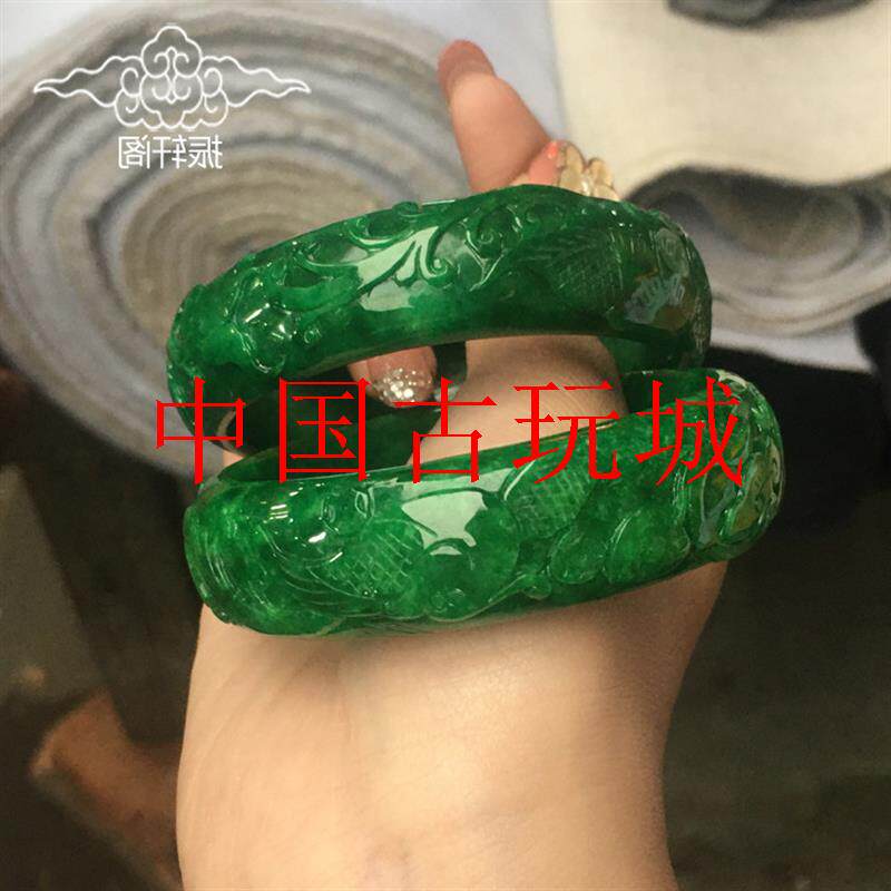 缅甸翡翠干青雕花手镯宽条祖母绿铁龙生帝王绿精选如意玉镯子女款