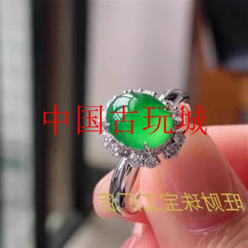 高端阳绿缅甸老坑翡翠色冰种镶嵌戒指银饰圆戒面满绿女款蛋面戒指