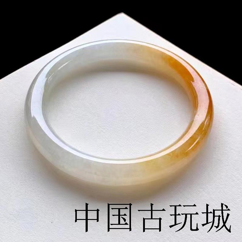 冰种黄翡玉镯圆条翡翠色手镯女款精品水润飘花镯子缅甸老坑玉镯子