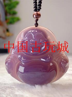 翡翠色帝王紫大佛公玉吊坠立体厚装佛公紫罗兰大肚弥勒佛挂件项链
