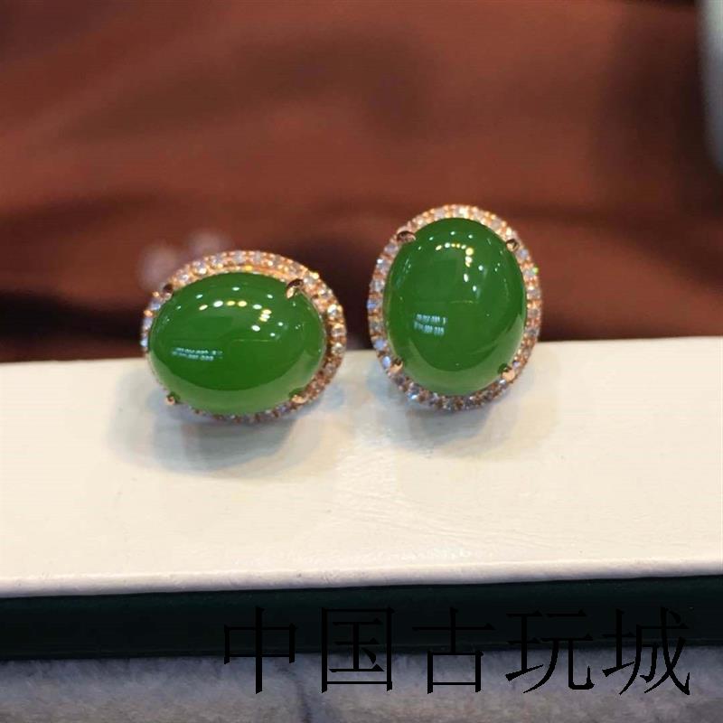 精选和田碧玉色耳针镶钻和田玉金镶玉耳饰苹果绿满钻旦形耳环送礼