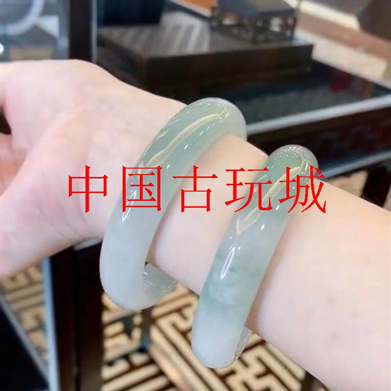 高端缅甸老坑翡翠色冰种油青飘花手镯淡绿色细条清透水润手镯女款