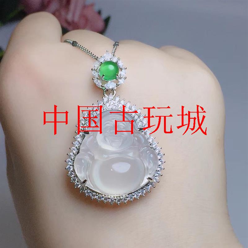 精品高冰玉髓佛公吊坠镀银镶翡翠色透水笑佛项链玉石玛瑙挂件送礼