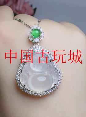 精品高冰玉髓佛公吊坠镀银镶翡翠色透水笑佛项链玉石玛瑙挂件送礼