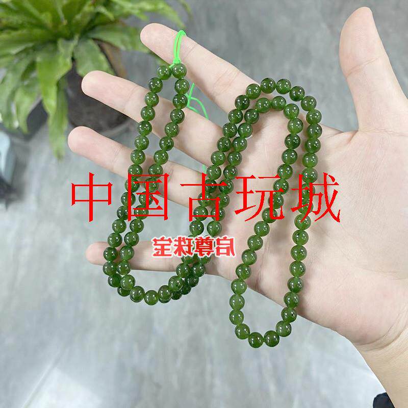 新疆碧玉项链女款和田玉项链颗菠菜绿链子圆玉珠子项链有黑点饰品