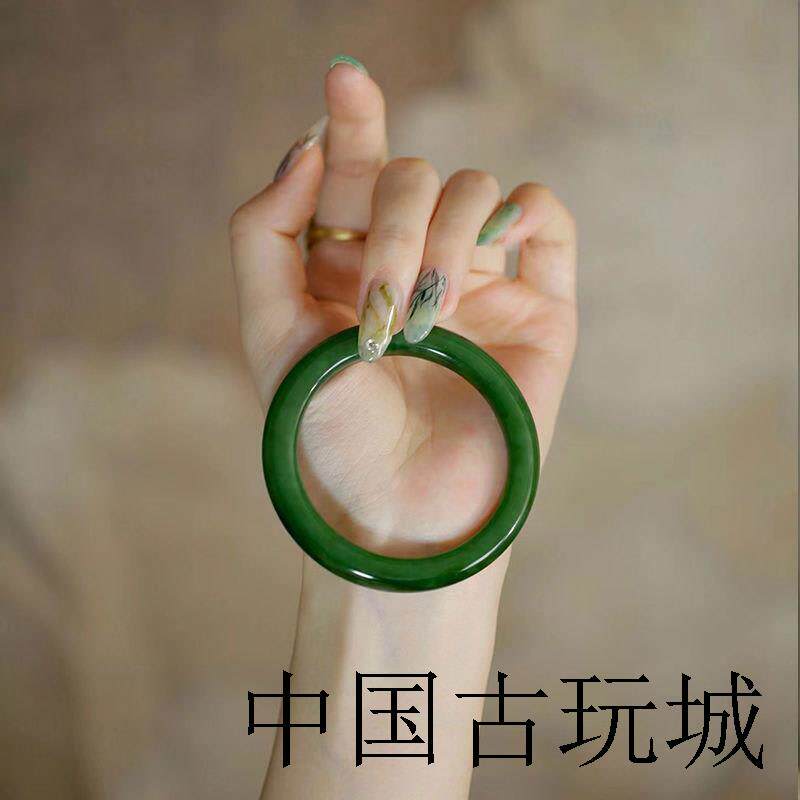 和田玉手镯女款少女菠菜绿圆条年轻款青海料晴水碧玉美人条玉镯子