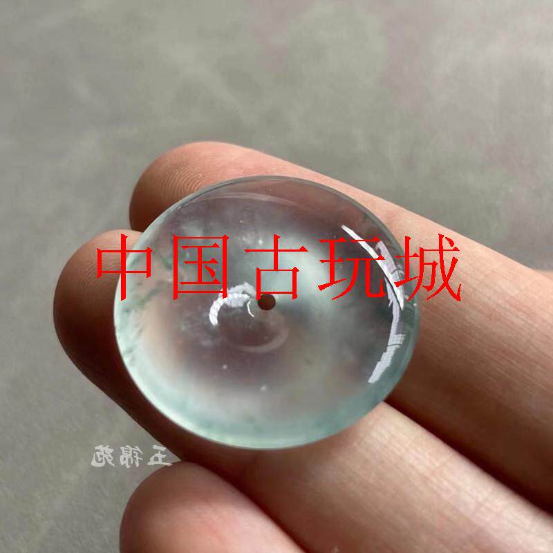 白冰飘蓝花翡翠色平安扣吊坠挂件