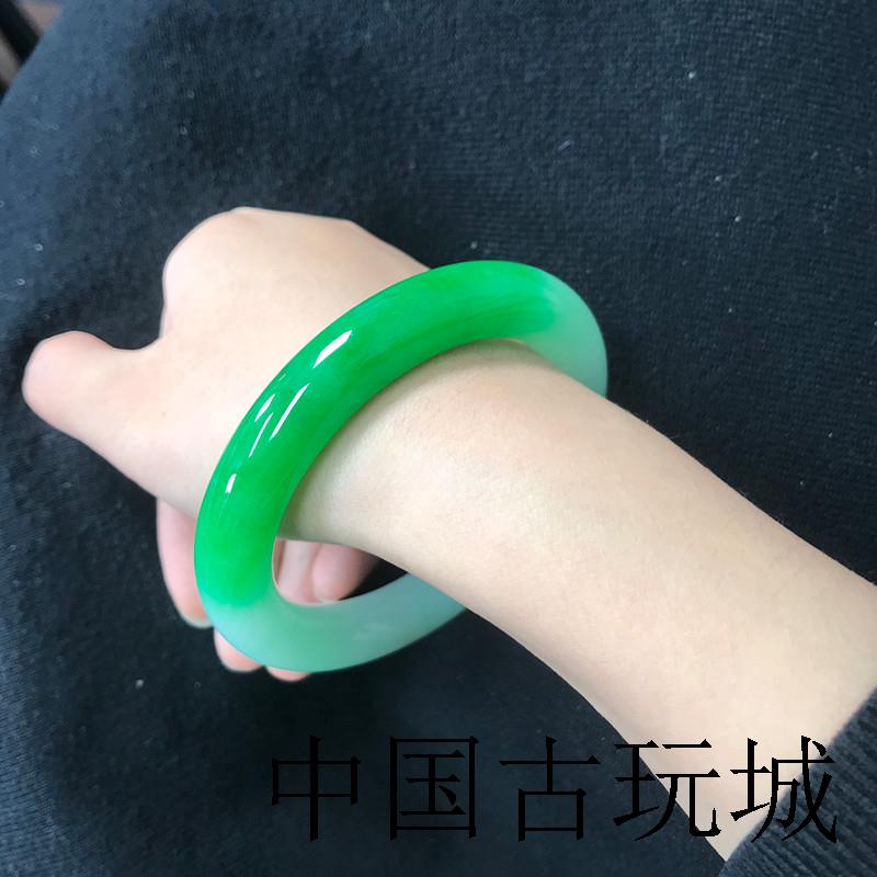 缅甸源头翡翠色手镯圆条福镯祖母绿冰种精品半山半水满阳绿玉镯子