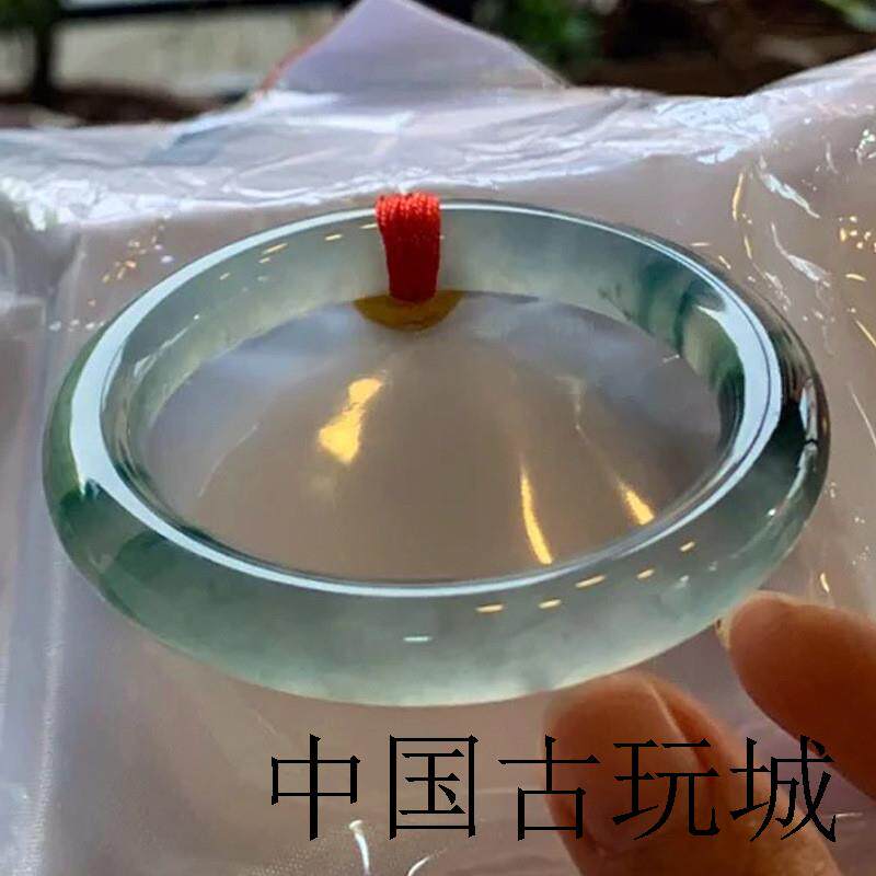 高品质缅甸翡翠色手镯圆条飘蓝绿花玉镯子晴水料蓝底老坑冰种送礼