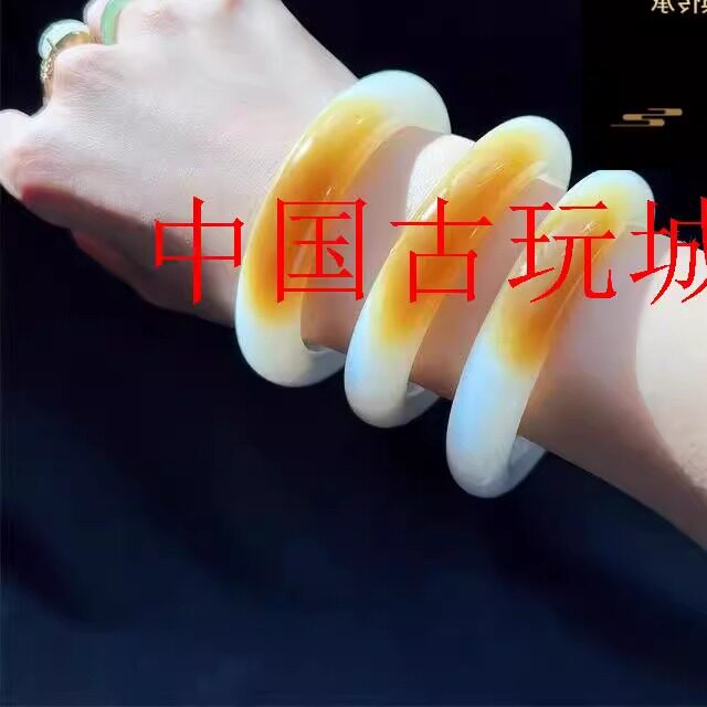 新疆和田玉色且末山料一口糖羊脂白玉手镯冰透糖玉色圆条镯子女款
