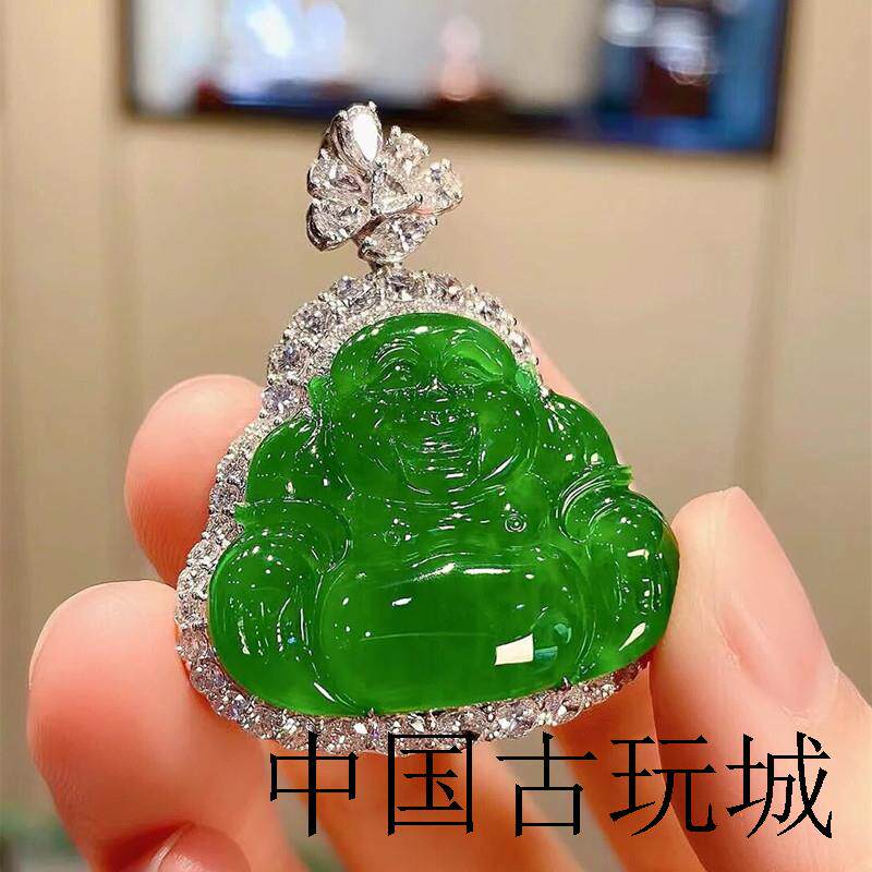 精选冰种满绿镶嵌玉佛吊坠帝王绿翡翠佛公坠子挂件女款笑佛送礼品