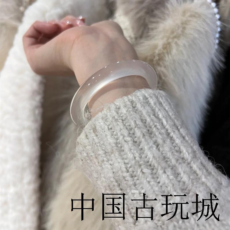 精选玻璃种玉髓手镯玛瑙白月光款翡翠色独龙玉轮胎款正圈中宽送礼