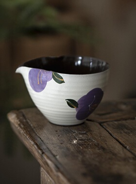 手绘紫色山茶花公道杯盖碗茶杯家用复古手工陶瓷功夫茶具清新