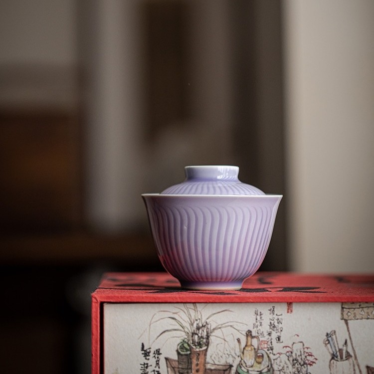 叶屿木槿紫暮晨手绘盖碗陶瓷防烫釉下彩中式复古茶碗功夫茶具茶杯