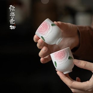 ZH白瓷手绘玫瑰花手工陶瓷薄胎主人杯品茗杯家用功夫茶具单杯