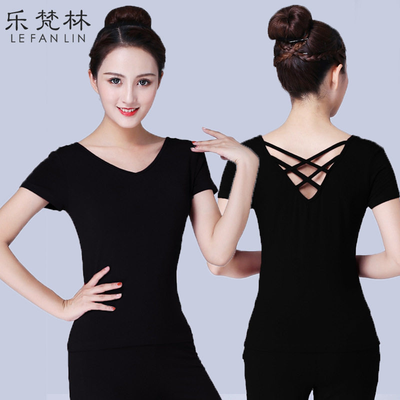 广场舞服装新款春夏拉丁舞后背交叉领短袖修身形体服上衣莫代尔