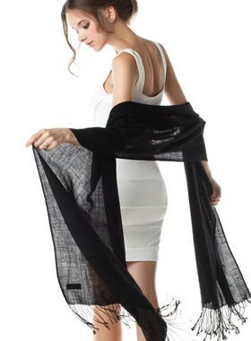 【清仓特惠】纯羊毛围巾 纯素色超长两用披肩 纯黑色J88120