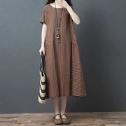 Nữ mùa hè 2019 phiên bản Hàn Quốc mới của phụ nữ cỡ lớn lỏng lẻo cotton mỏng và váy lanh sọc khâu váy lanh - váy đầm