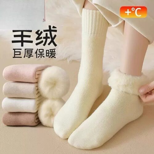 秋冬季加绒加厚羊绒保暖中筒袜