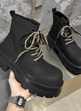 厚底增高7cm马丁靴黑色男女情侣款英伦风潮鞋真皮大头拉链机车靴