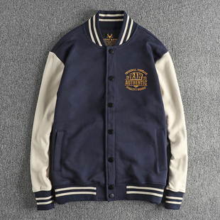 外套 美式 潮牌冬季 新款 潮流撞色拼接刺绣棒球服夹克男针织毛圈开衫