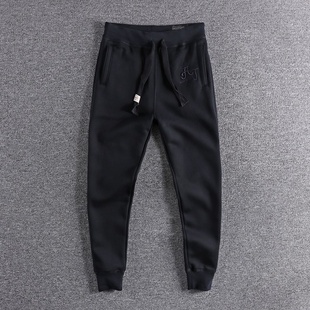 代购香港潮牌冬季简约刺绣加厚束脚裤修身小脚加绒卫裤男运动裤子
