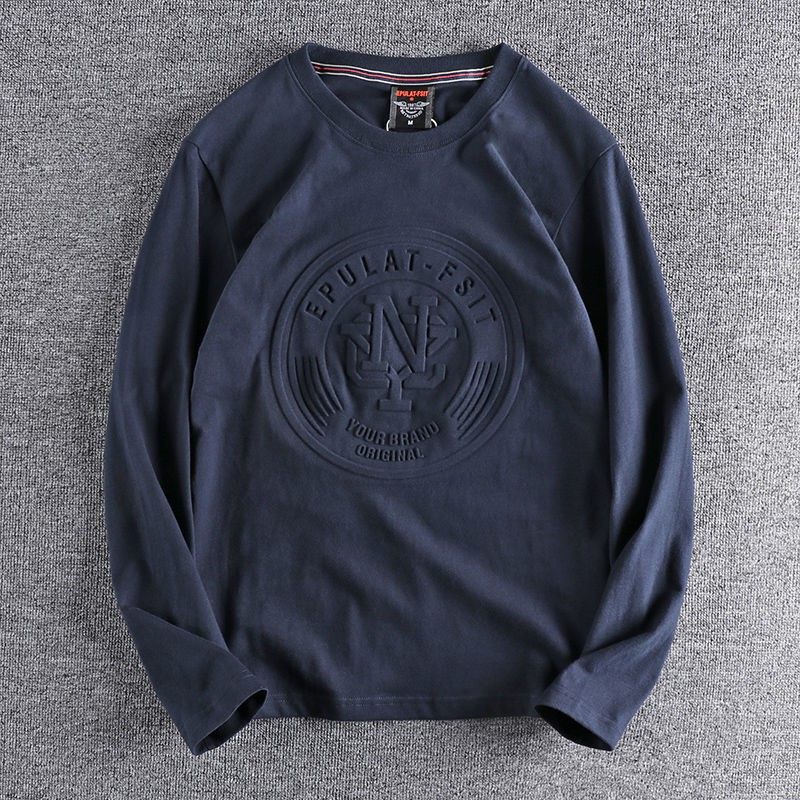 立体凹凸印花图案水洗磨毛棉圆领长袖T恤男秋季百搭青年白色打底