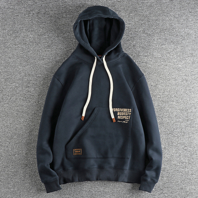 加绒加厚刺绣上衣套头卫衣连帽男