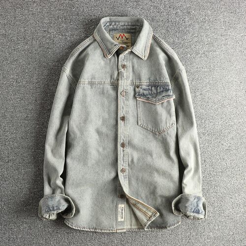 拼接设计复古秋冬牛仔衬衫外套男