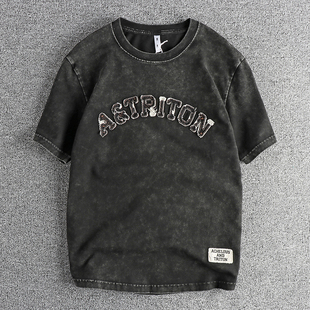 潮牌重磅美式复古重水洗贴布字母短袖T恤男 纯棉做旧宽松休闲半袖