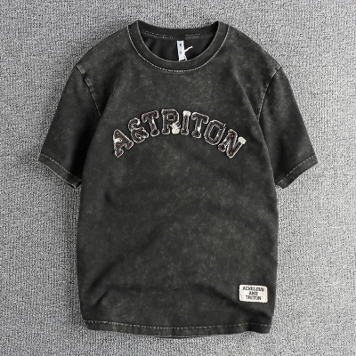 重水洗短袖T恤贴布绣美式复古男