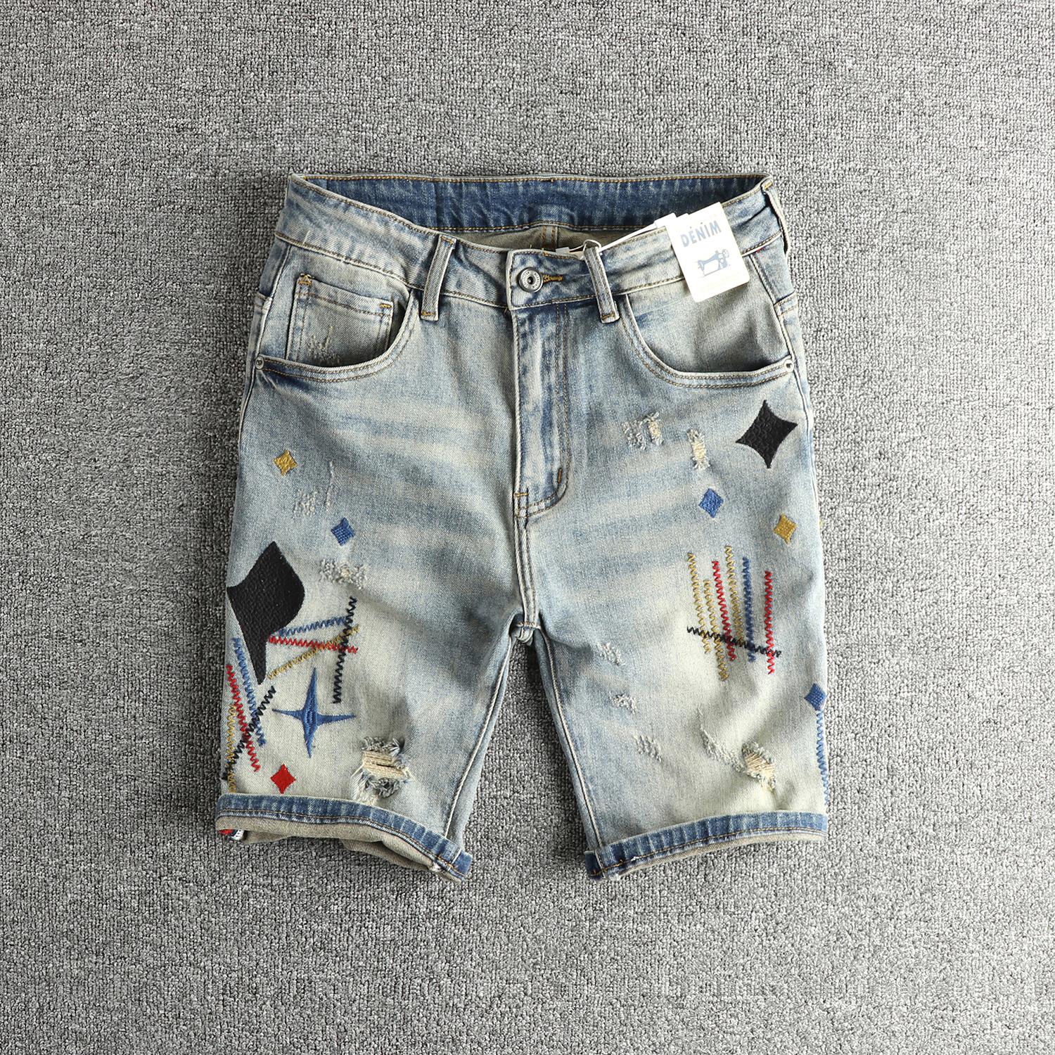 潮牌重磅刺绣水洗做旧刮烂复古牛仔短裤男夏季高街痞帅青年中裤潮