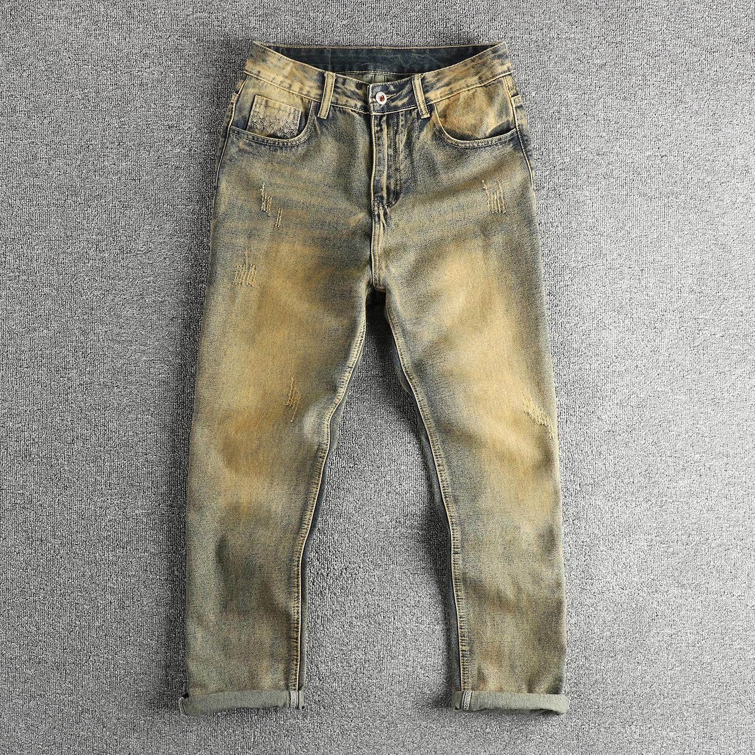 欧美黄泥染做旧水洗复古美式机车青年牛仔裤男猫须刺绣直筒休闲裤