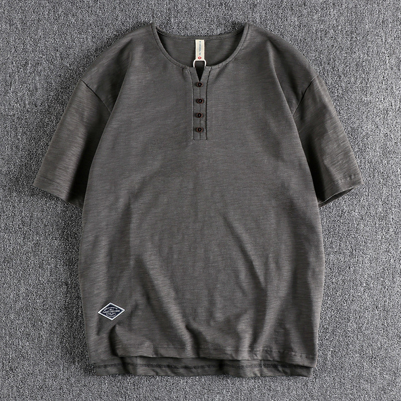 欧美硬汉复古竹节棉透气纯色短袖男T恤宽松亨利领青年半袖打底男