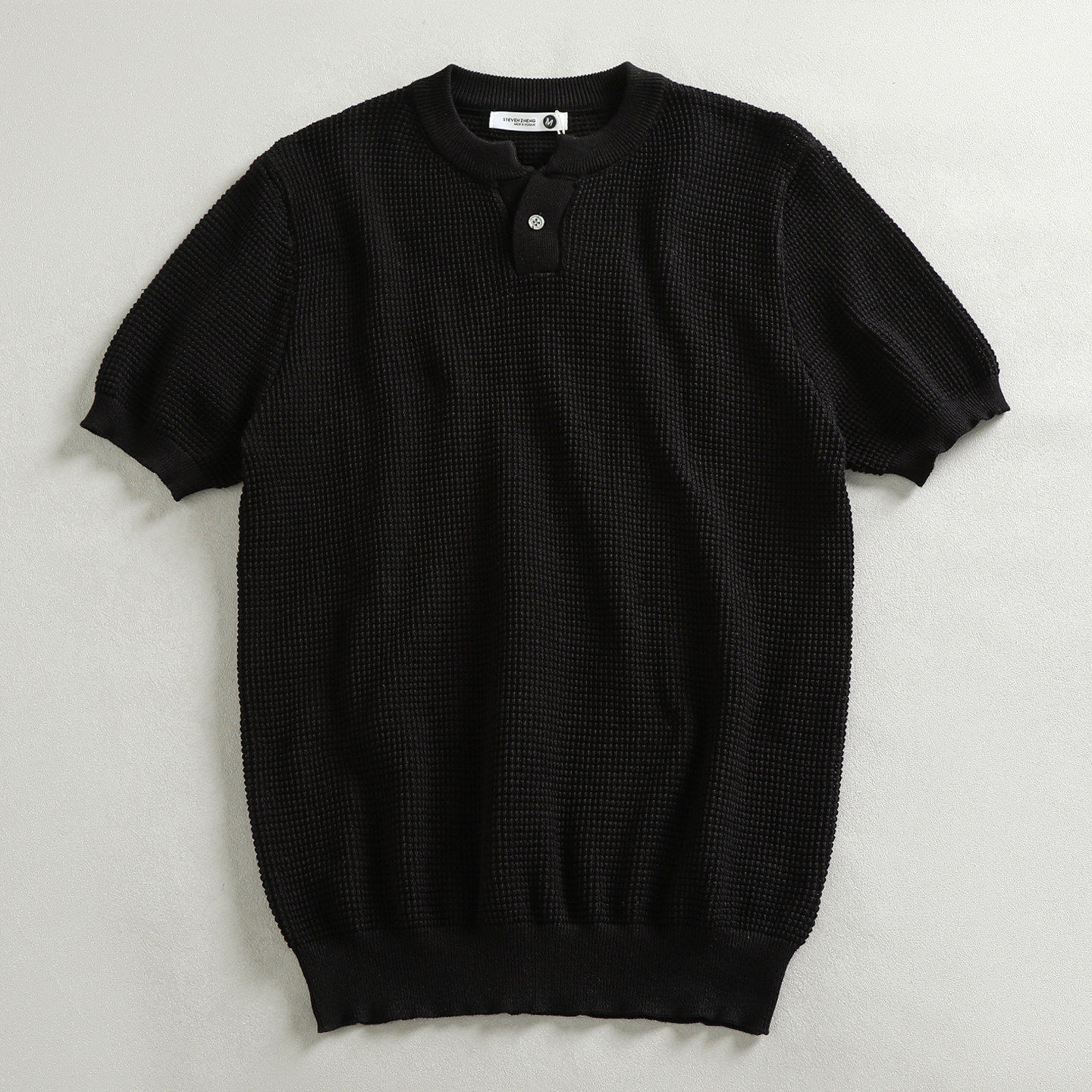 原创正品针织菠萝纹螺纹下摆欧美老钱风亨利领短袖T恤男青年半袖