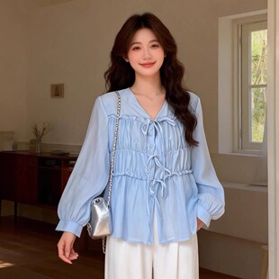 大杨 慵懒感宽松上衣小衫 大码 衬衫 春 胖mm抽褶系带V领长袖 120斤