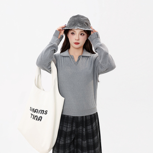 120斤的大杨 大码假两件拼色条纹长袖衬衫秋冬胖mm宽松polo领上衣