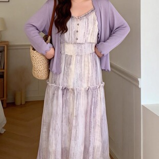扎染吊带连衣裙大码 法式 收腰小个子木耳边吊带长裙夏 大杨 120斤