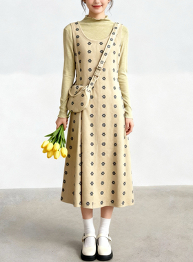 120斤的大杨 胖mm复古花朵撞色连衣裙秋冬遮肉A字毛呢长裙背心裙