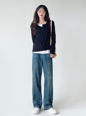 120斤的大杨黑色假两件长袖t恤女2024秋季胖mm打底衫遮肚显瘦上衣