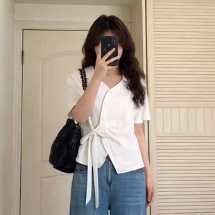 胖mm微胖V领正肩显瘦夏上衣不规则绑带遮肚减龄短袖 120斤 大杨