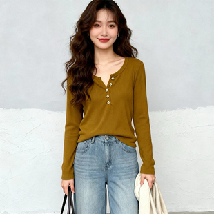 120斤的大杨 大码百搭打底衫显瘦遮肉长袖t恤秋冬设计感V领针织衫