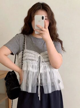 网纱蕾丝吊带木耳边短袖套装女夏