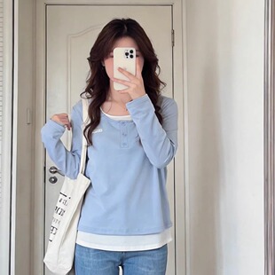 韩版 胖mm假两件正肩女t恤夏小个子显瘦拼接长袖 上衣 大杨 120斤