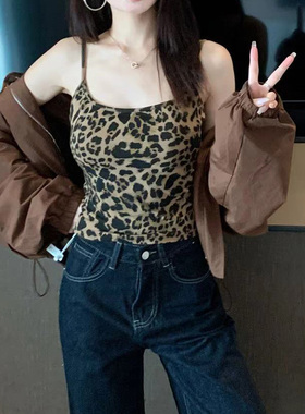 美式复古豹纹吊带背心女自带胸垫纯欲辣妹美背抹胸打底外穿显瘦